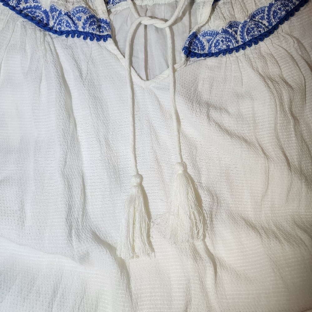 Free People Erin Embroidered Smocked Mini Dress Size Large White and Blue - Picture 7 of 16